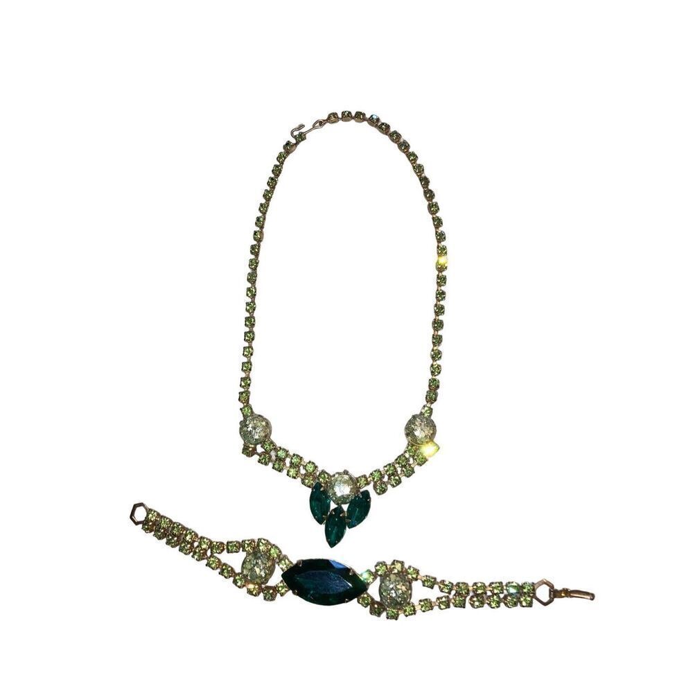 Hunter Green Gem Rhinestone Bracelet Necklace Set Vintage 70s 80s 90s Jewelry Pe